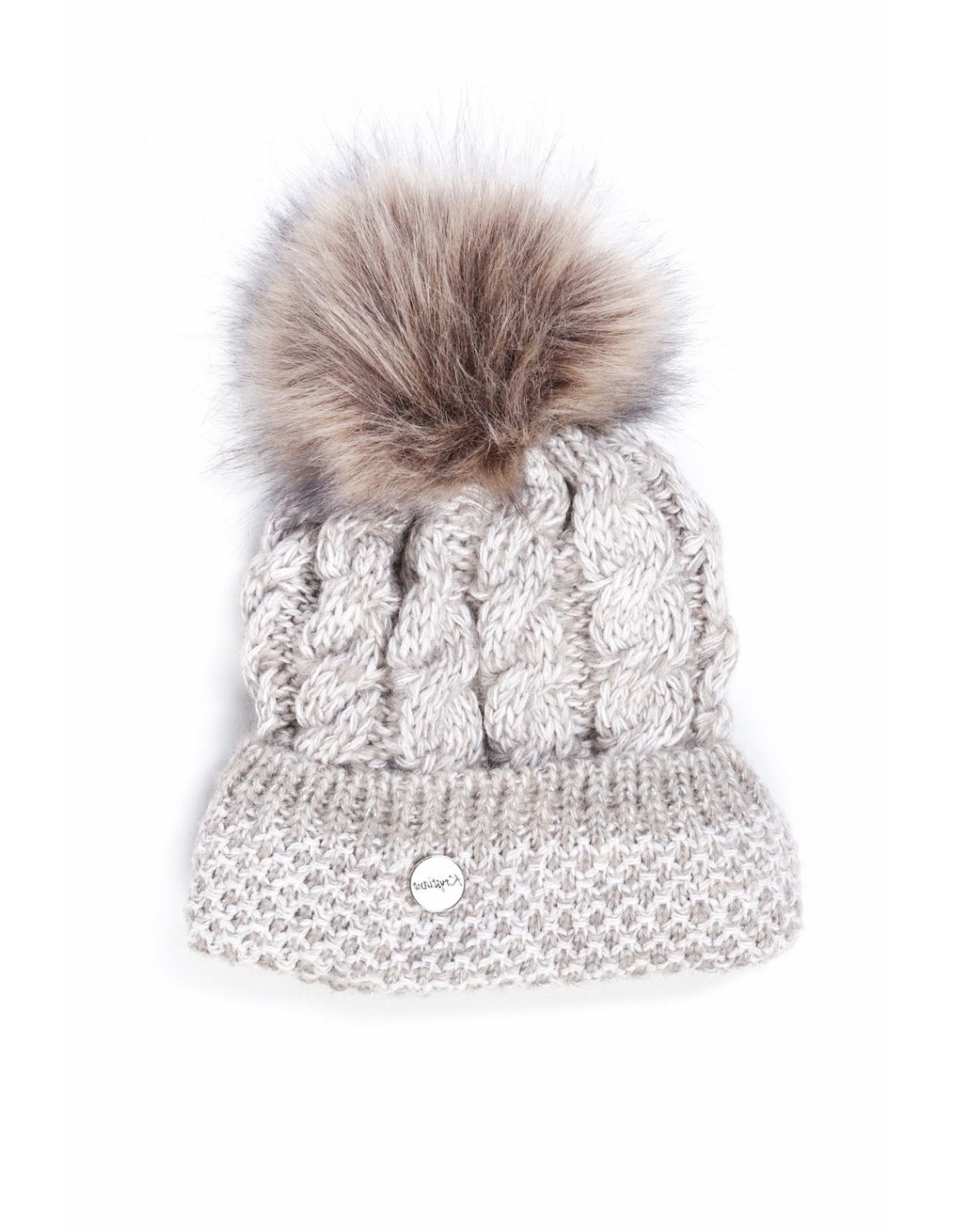 Braided winter hat with a pompom, beige C47 - Online store - Boutique